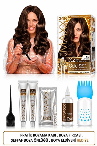 MAXX DELUXE Golden Beauty Set Saç Boyası 5.0 Açık Kahve 2 'Li + Fırça+Pratik ...