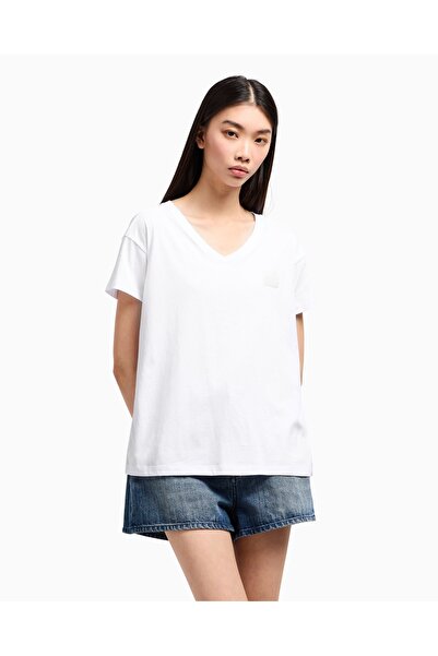 Armani Exchange Γυναικείο άνετο βαμβακερό κοντομάνικο λευκό μπλουζάκι V Yala