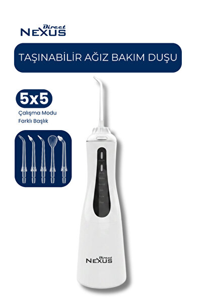 Direct NEXUS Şarjlı Taşınabilir Ağız Duşu 5 Başlıklı 5 Modlu IPX7 350 ml Beyaz