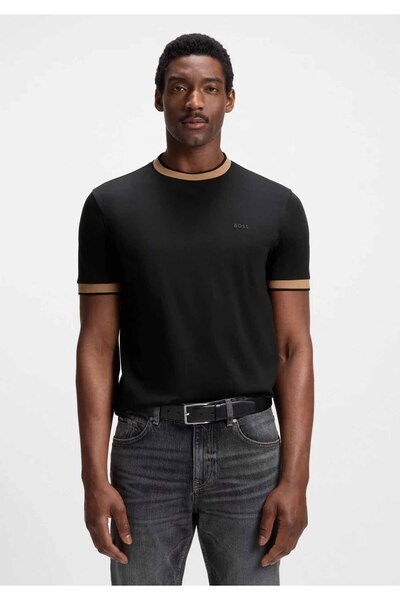 BOSS Erkek Bisiklet Renk Detaylı Yaka Dar Kesim Kısa kol Siyah T-Shirt