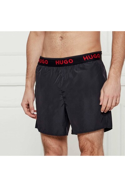 HUGO Erkek Bel Lastikli Yazılı Kısa Boy Siyah Mayo