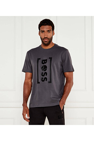 BOSS Erkek Bisiklet Yaka Yazı Desen Kısa Kol Rahat Kesim Gri T-Shirt