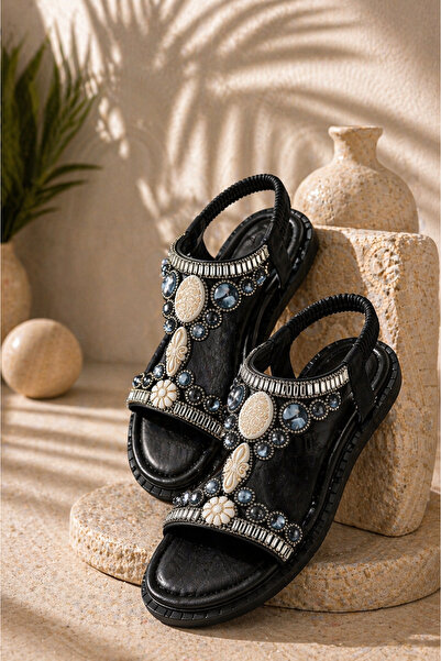 Castle Black Aura Black Stone Detailed Women's Sandals