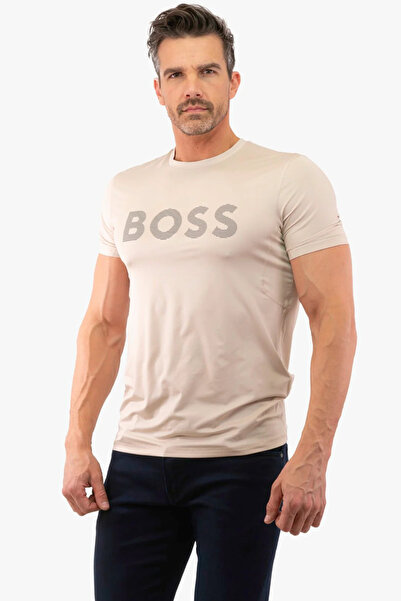 BOSS Erkek Yazılı Kısa Kollu Bisiklet Yaka Krem T-Shirt