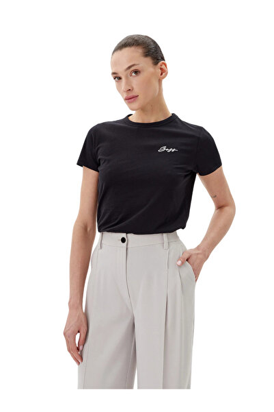 BOSS Kadın Dar Kesim %100 Pamuk Yuvarlak Yakalı Kısa Kollu Siyah T-Shirt