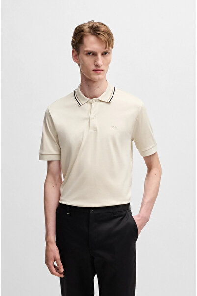 BOSS Erkek Pamuklu Polo Yakalı Düğme Kapamalı Kısa Kollu Ekru Polo Yaka T-Shirt