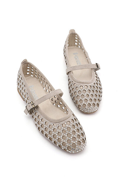 GÖNDERİ(R) Γυναικείο Μπεζ Σουέτ Πέτρινο Mary Jane Μπαλαρίνα