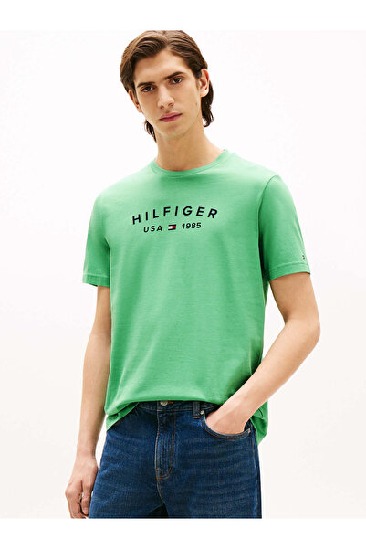 Tommy Hilfiger Erkek Kısa Kol Bisiklet Yaka Yazı Desen Slim Fit Yeşil T-Shirt