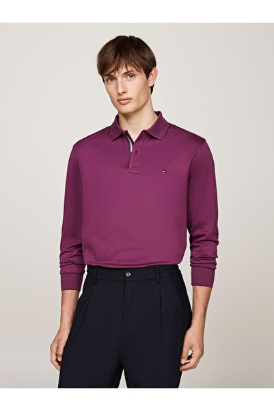 Tommy Hilfiger Erkek Marka Logolu Uzun Kollu Rahat Mor Polo Yaka T-Shirt
