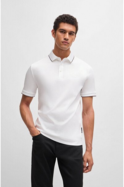 BOSS Erkek Pamuklu Polo Yakalı Düğme Kapamalı Kısa Kollu Beyaz Polo Yaka T-Shirt