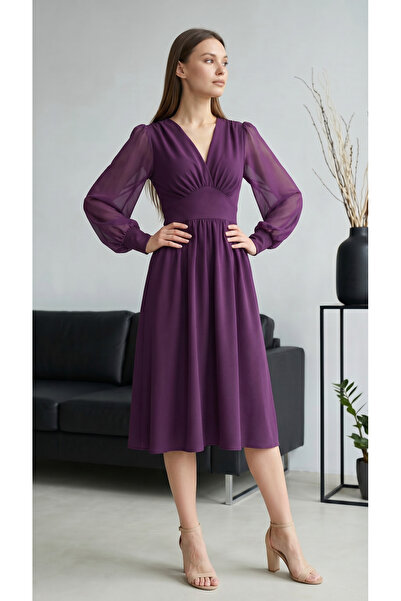 Rokka Moda Önü Büzgülü Midi Elbise
