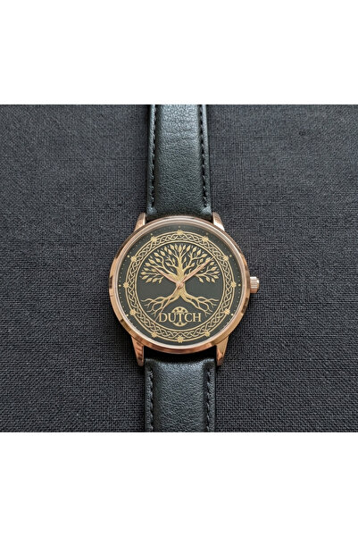 DUTCH STORE A classic watch with a rose gold bezel and black leather strap – ...