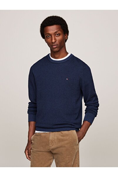 Tommy Hilfiger Erkek Marka Logolu Uzun Kollu Rahat Mavi Kazak