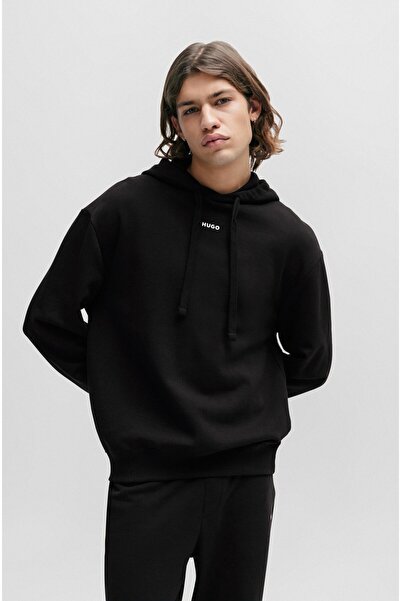 HUGO Erkek Kapüşonlu Yakalı Gögüs Ortasında Kontras Logolu Siyah Sweatshirt