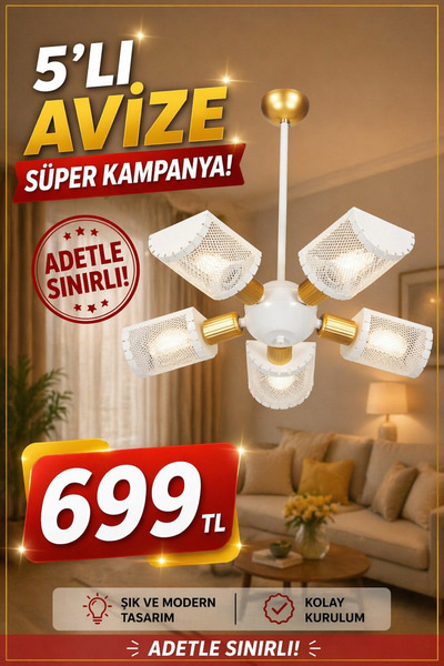 VENON Süper Aydınlatma Gediz 5 Li Camı Metal Beyaz Gold Avize || Modern Salon...