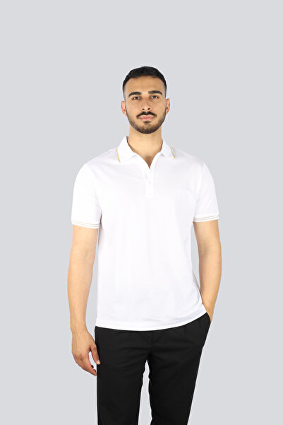 PAUL&SHARK Erkek Regular Fit İnce Pike Pamuklu Kısa Kollu Beyaz-Altın Polo Ya...