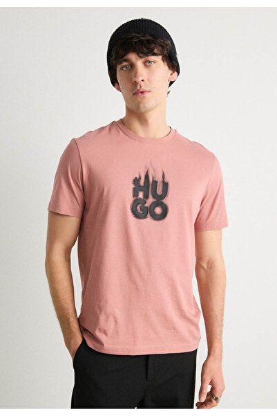 HUGO Erkek Regular Fit Yuvarlak Yaka Desenli Pamuklu Kısa Kollu Pembe T-Shirt
