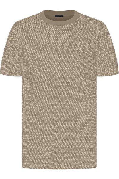 BOSS Erkek Desenli Bisiklet Yaka Kısa Kol Bej T-Shirt
