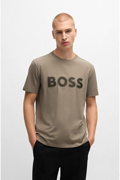 BOSS Erkek Regular Fit Pamuklu Büyük Logolu Kısa Kollu Bej T-Shirt