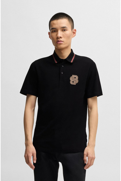BOSS Erkek Regular Fit Monogram Logolu Yaka Detaylı Pamuklu Kısa Kollu Siyah ...