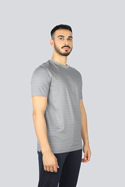 BOSS Erkek Desenli Bisiklet Yaka Kısa Kol Gri T-Shirt
