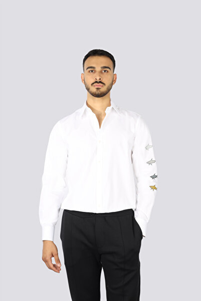 PAUL&SHARK Erkek %100 Pamuklu Normal Kesim Kolu Baskılı Uzun Kollu Beyaz Gömlek