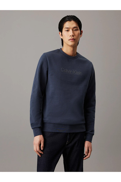 Calvin Klein Erkek Marka Logolu Uzun Kollu Bisiklet Yaka Günlük Mavi Sweatshirt