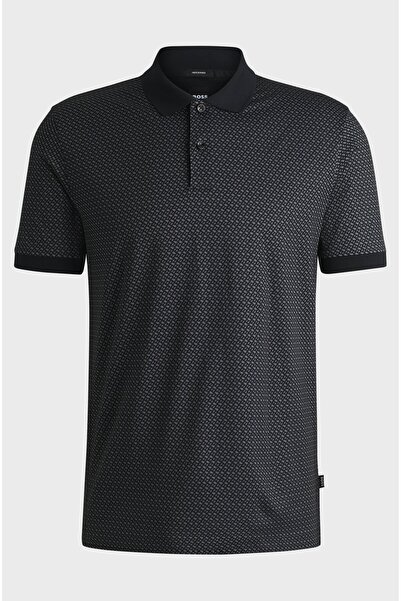 BOSS Erkek Desenli Polo Yaka Marka Logolu Kısa Kol Siyah-Gri Polo Yaka T-Shirt
