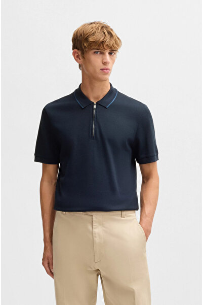 BOSS Erkek Regular Fit %100 Pamuklu Kısa Kollu Fermuarlı Lacivert Polo Yaka T...