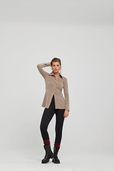 Naar Kadın Slim Fit Dokuma Kumaş Uzun Kollu Bej Gömlek