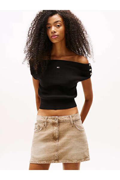 Tommy Hilfiger Kadın Dokuma Kumaş Omzu Açık Beli Lastikli Çizgili Crop Siyah ...