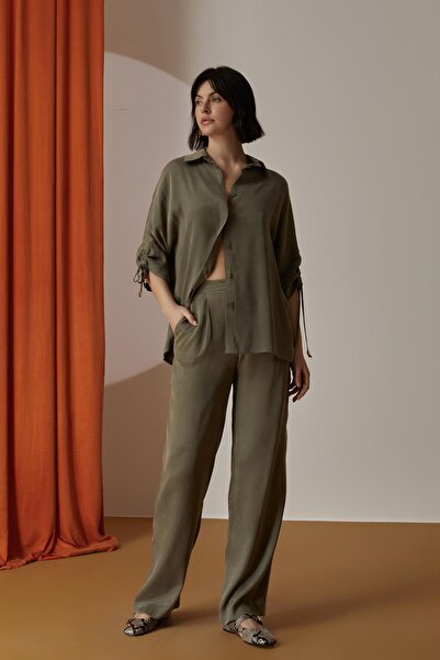 Naar Γυναικείο παντελόνι με κουμπιά, φαρδιά μπατζάκια, τσέπες, ψηλόμεσο, casu...