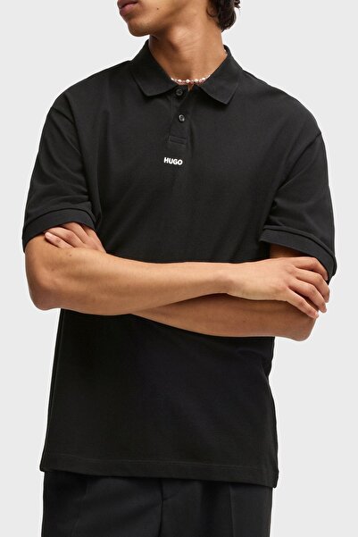 HUGO Erkek Rahat Kesim Polo Yaka Pamuklu Kısa Kollu Siyah Polo Yaka T-Shirt