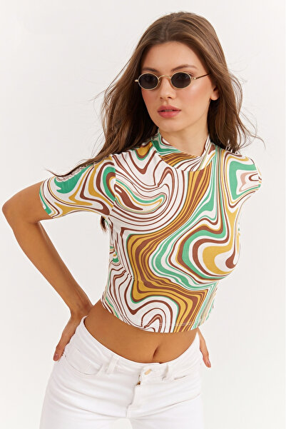 NEW JOURNAL Bluză crop cu imprimeu pește pe jumătate, ecru, pentru femei APP1207