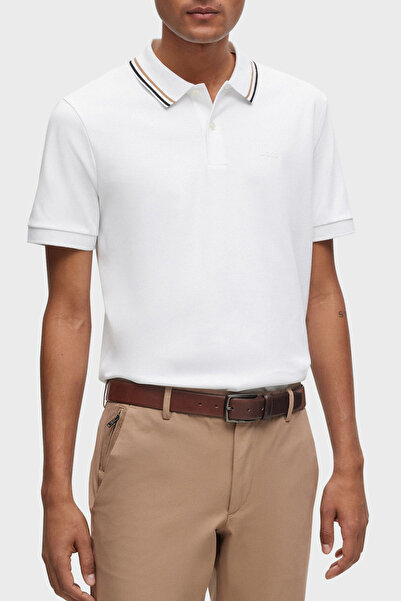 BOSS Erkek Pamuklu Polo Yakalı Düğme Kapamalı Kısa Kollu Beyaz Polo Yaka T-Shirt