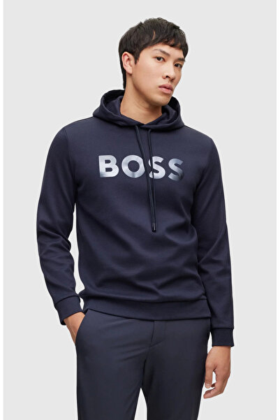 BOSS Erkek Logolu Kapüşonlu Uzun Kollu Günlük Kullanım Lacivert Sweatshirt