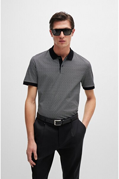 BOSS Erkek Desenli Polo Yaka Marka Logolu Kısa Kol Siyah Polo Yaka T-Shirt