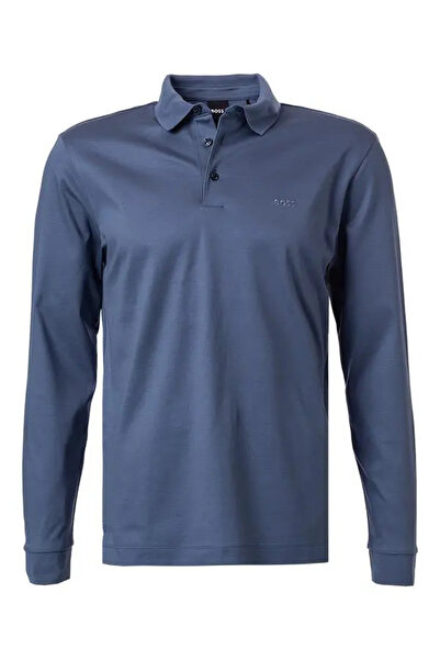 BOSS Erkek Pamuklu Polo Yakalı Düğme Kapamalı Uzun Kollu Mavi Polo Yaka T-Shirt