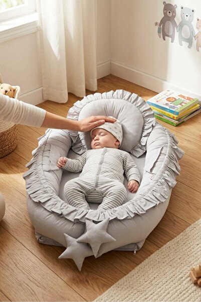 Umaybebek Babynest, Bebek Uyku Yatağı 0-2 Yaş - Pamuk Kumaş - Gri Fırfırlı