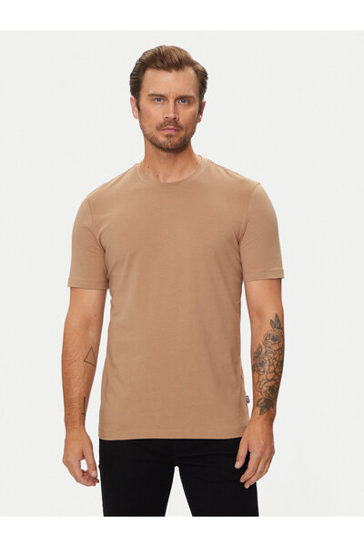 BOSS Erkek regular fit Kısa Kollu Düz Bisiklet Yaka Bej T-Shirt