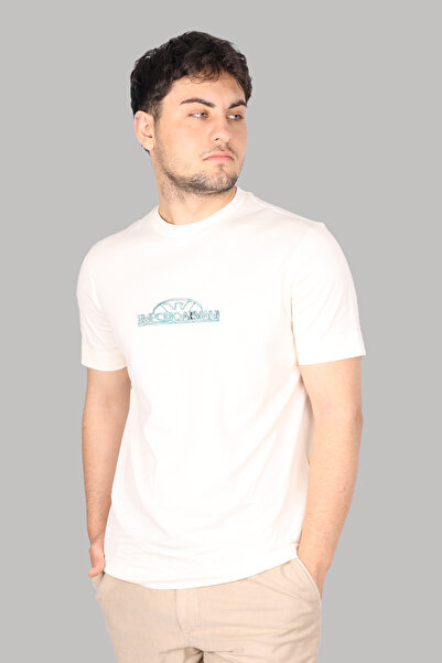 Emporio Armani Men's Brand Logo Organic Cotton Short Sleeve Ecru T-Shirt