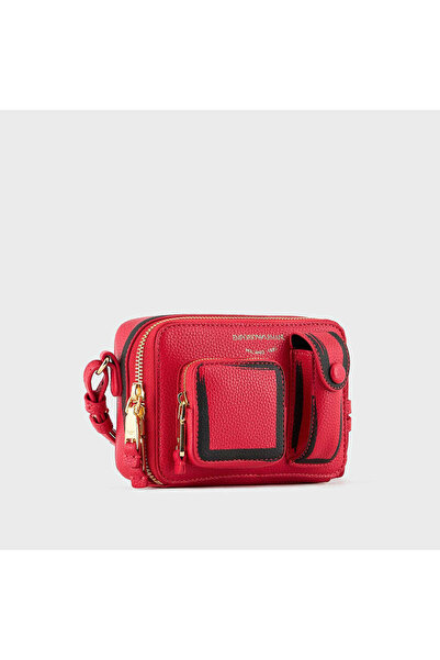 Emporio Armani Kadın Marka Logo Detaylı Fermuarlı Çok Cepli Kırmızı Omuz Çantası
