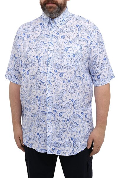 PAUL&SHARK Erkek Regular Fit Desenli Kısa Kollu Beyaz-Mavi Gömlek