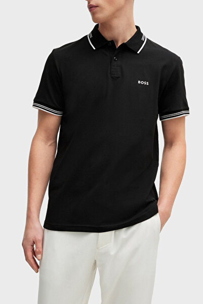 BOSS Erkek Pamuklu Polo Yakalı Düğme Kapamalı Kısa Kollu Siyah Polo Yaka T-Shirt