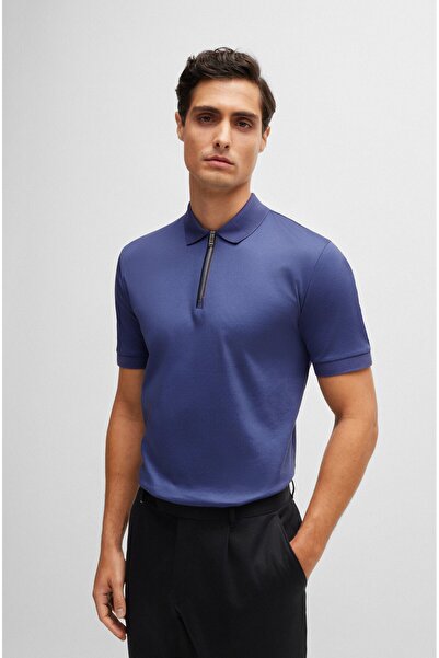 BOSS Erkek Polo Yaka Fermuar Kapamalı Logolu Kısa Kol Lacivert Polo Yaka T-Shirt