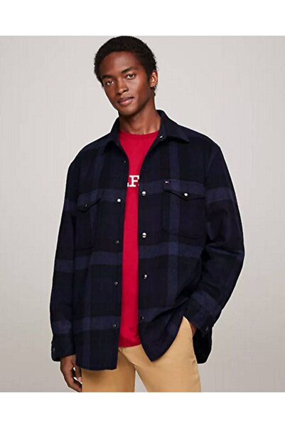 Tommy Hilfiger Erkek Marka Logolu Düğmeli Gömlek Yaka Uzun Kollu Mavi Gömlek