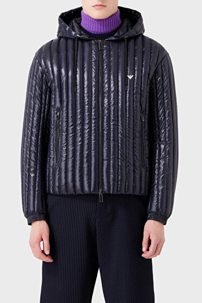 Emporio Armani Men's Hooded Collar Brand Detailed Zippered Inflatable Navy Bl...