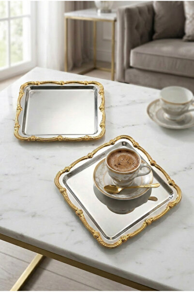 AKSESUAR EVRENİ Daztek Silver 2-Piece Stainless Steel Gold Frame Coffee Prese...