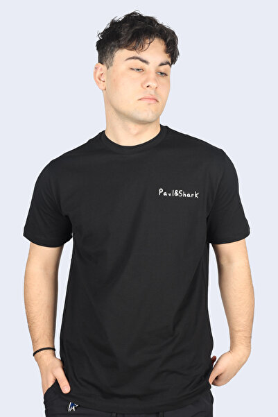 PAUL&SHARK Tricou negru pentru bărbați, din bumbac, cu croială normală și gul...