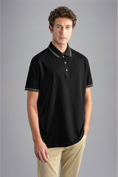 PAUL&SHARK Tricou negru cu guler polo, cu mânecă scurtă și închidere cu nastu...